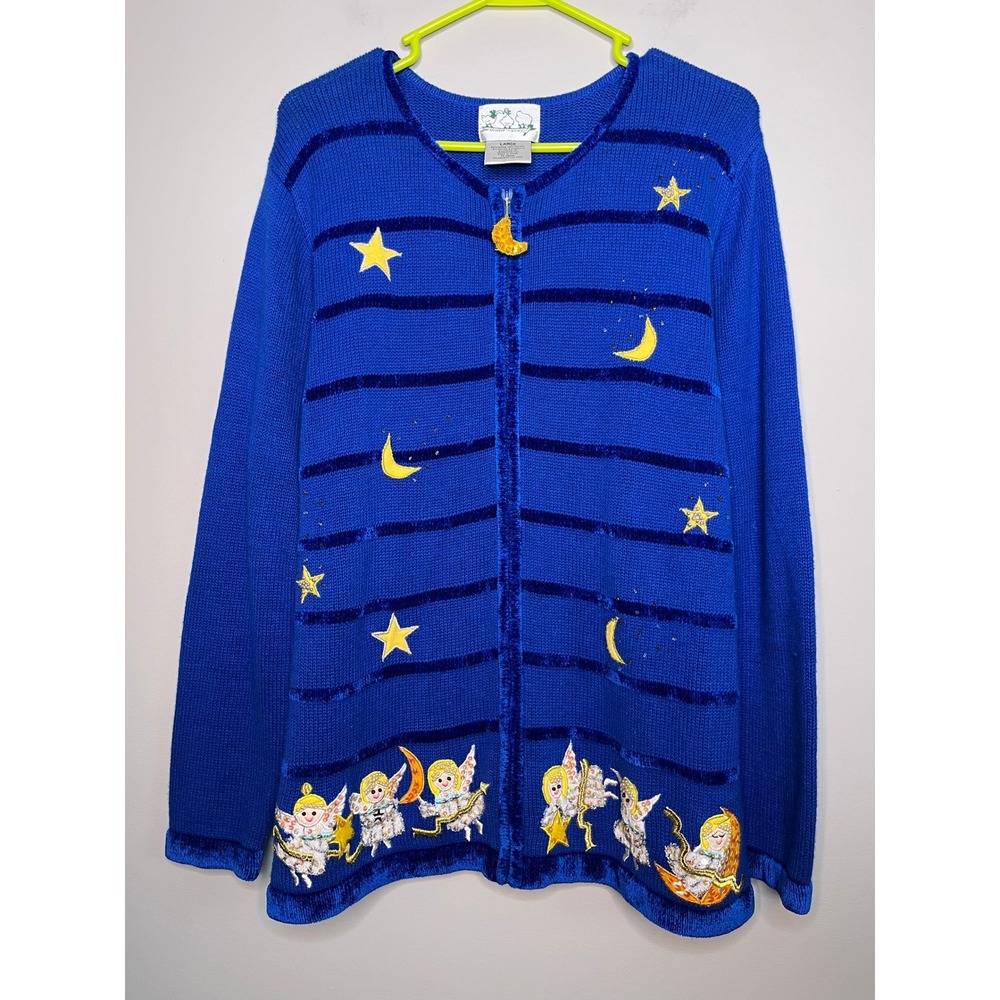 2000s Quacker Factory Cherubs Angels Christmas Chenille Holy Night Cardigan L
